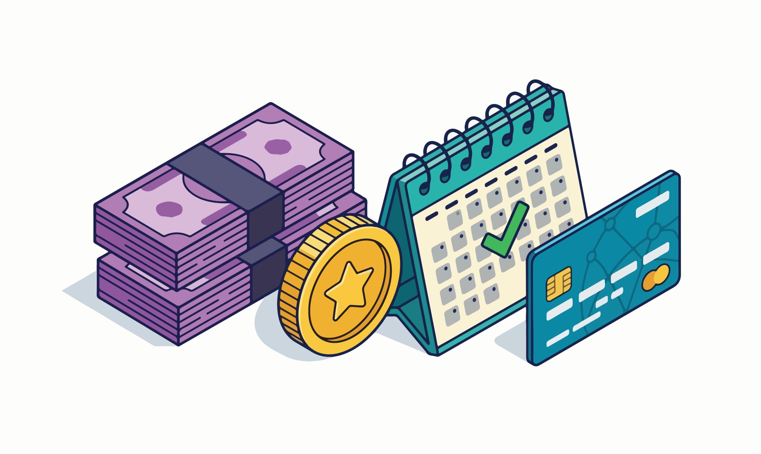 monthly recurring revenue calendar with dollars, coin, and credit card